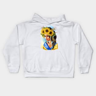 Ukrainian woman with national flag with wheat and flowers Kids Hoodie